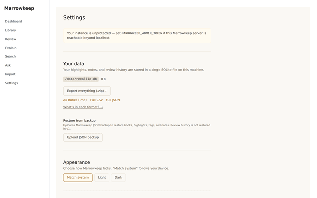 Marrowkeep export screen showing one-click export options: Markdown, CSV, JSON, and ZIP
