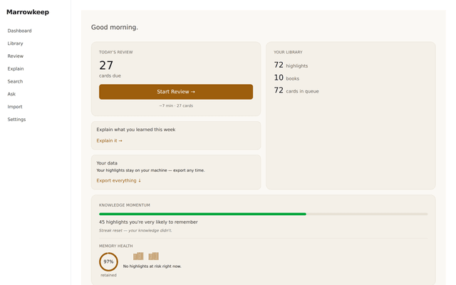 Marrowkeep Memory Health dashboard showing a retention ring at 97% and a Knowledge Momentum sparkline trending upward