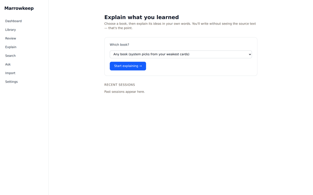 Marrowkeep Feynman mode entry screen showing a highlight from Thinking, Fast and Slow with a text area for the user to explain the idea in their own words