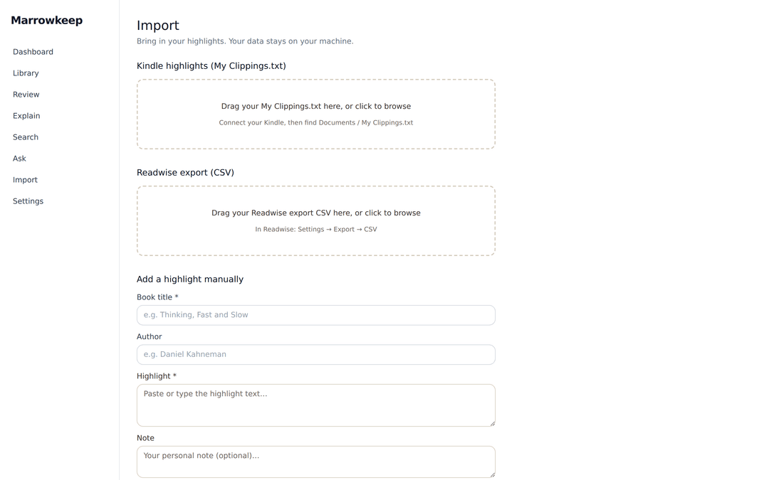 Marrowkeep import screen mid-upload showing a file drop zone with dedupe result count — 847 highlights imported, 12 duplicates skipped